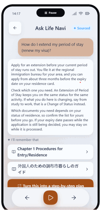 Life Navi answering the question "How do I extend my period of stay?"