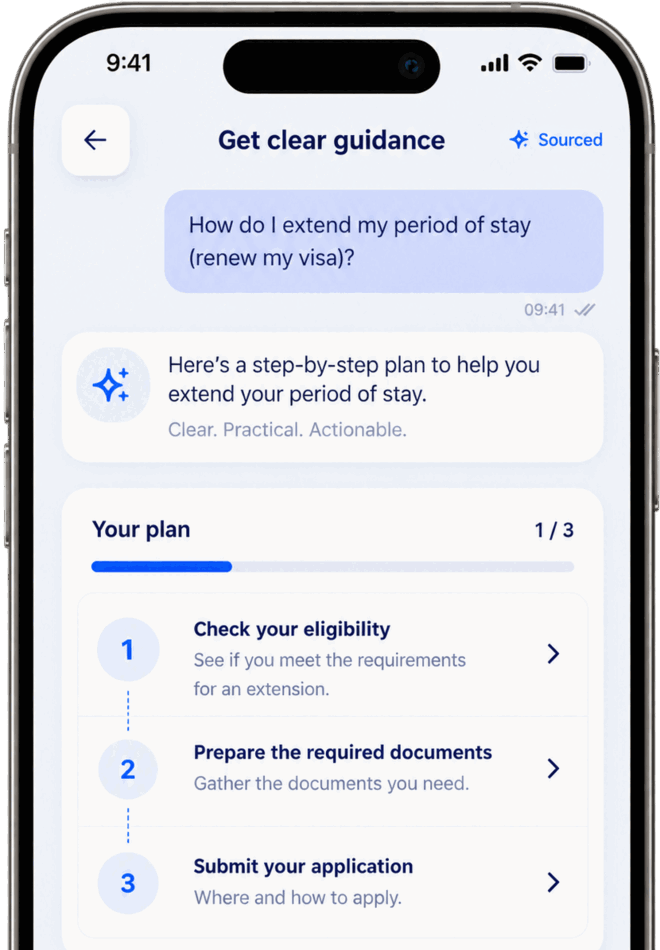 Life Navi showing a three step plan for extending a period of stay